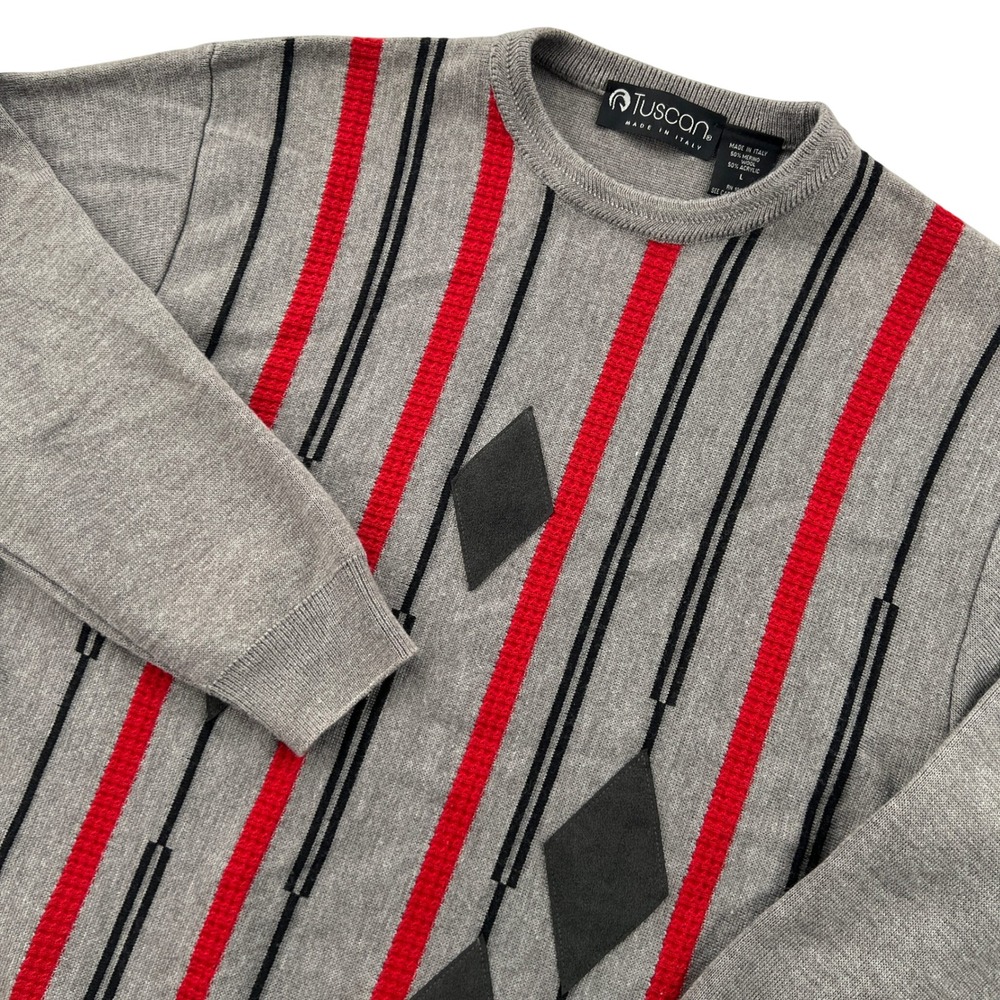 VTG 90s Tuscan Merino Wool Sweater Men Large Gray Red Geometric Italian Retro